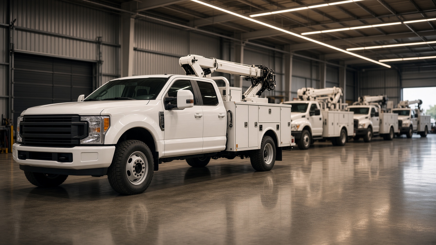 White work truck with a white service body in the TER upfitting shop
