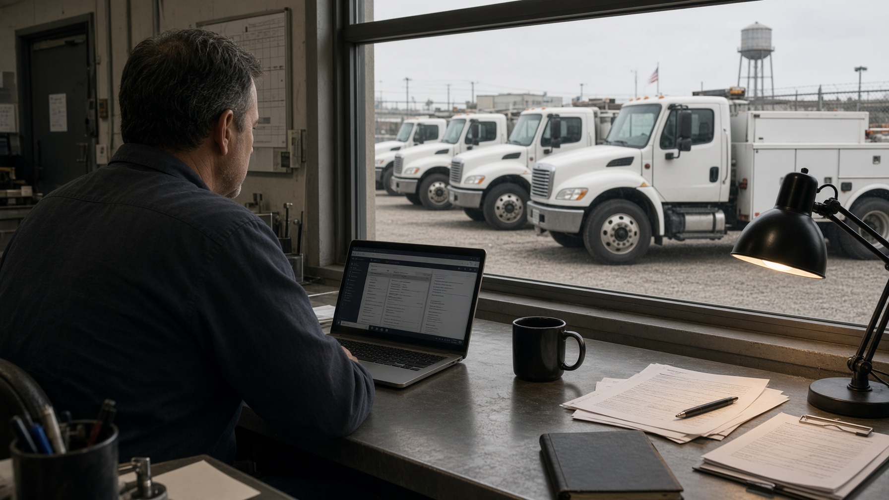 Fleet manager reviewing account details with white work trucks outside the shop